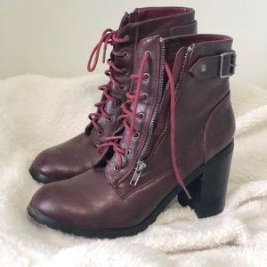Block heel combat boot- Burgundy